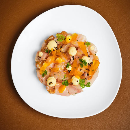 Tartare de Daurade, Poutargue et crémeux de chou-fleur